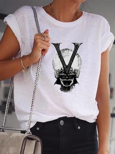 Vintage Short Sleeve Statement Letter Printed Plus Size Casual Tops