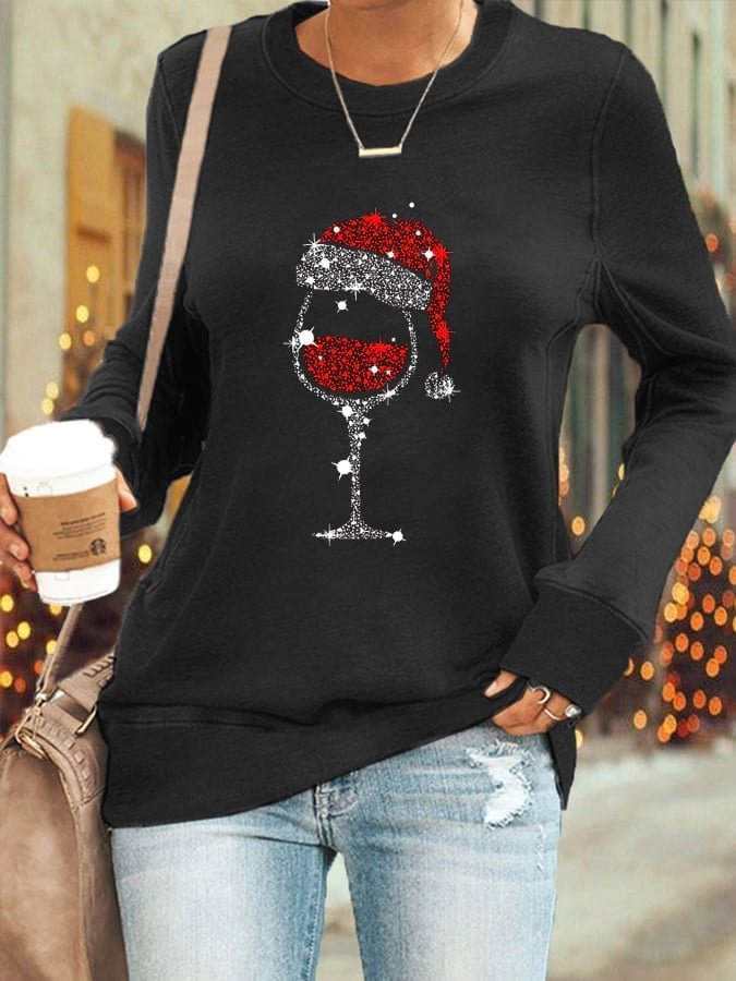 Women's Christmas Red Wine Glass Print Sweatshirt
