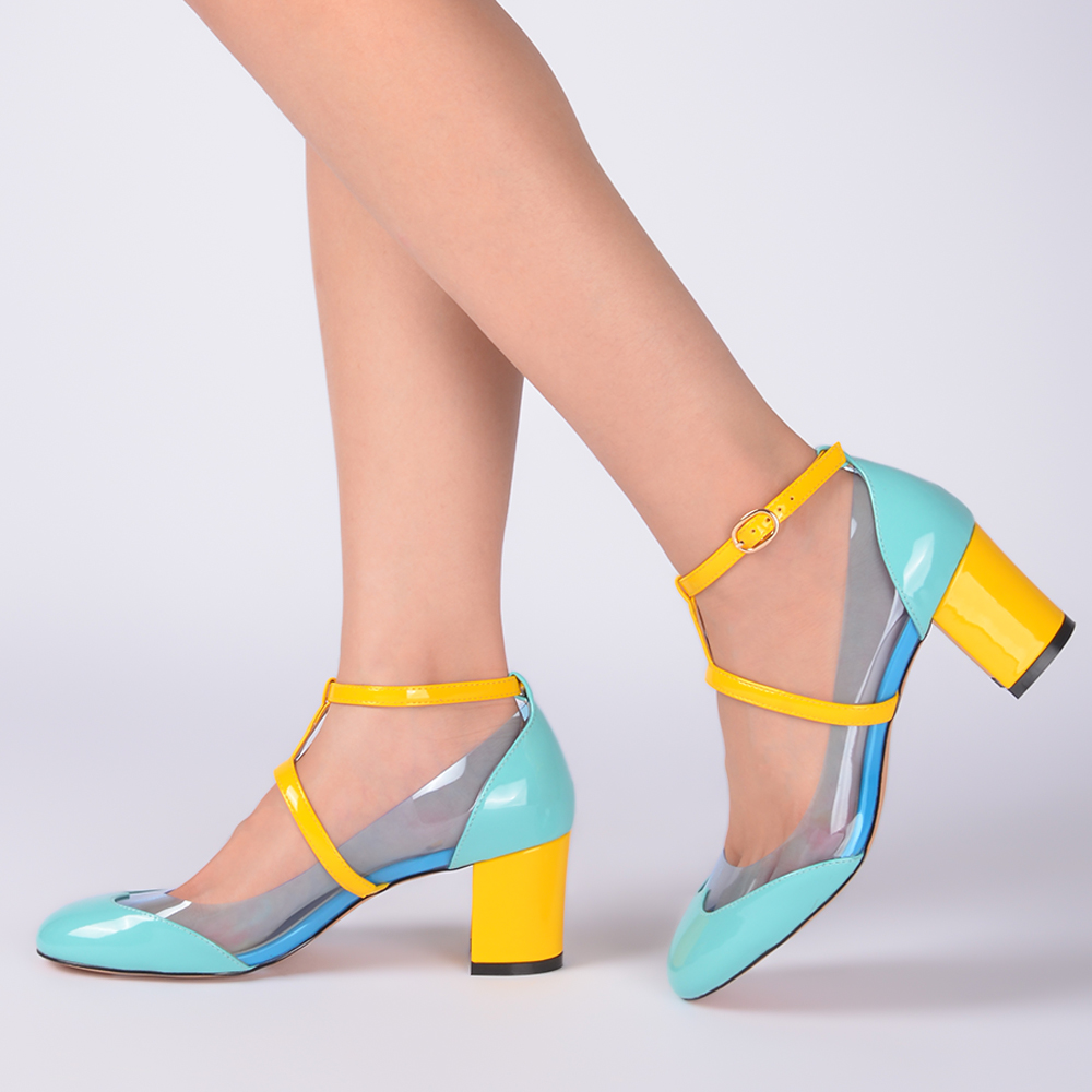 Multicolor Round Toe Sandals Chunky Mid Heels