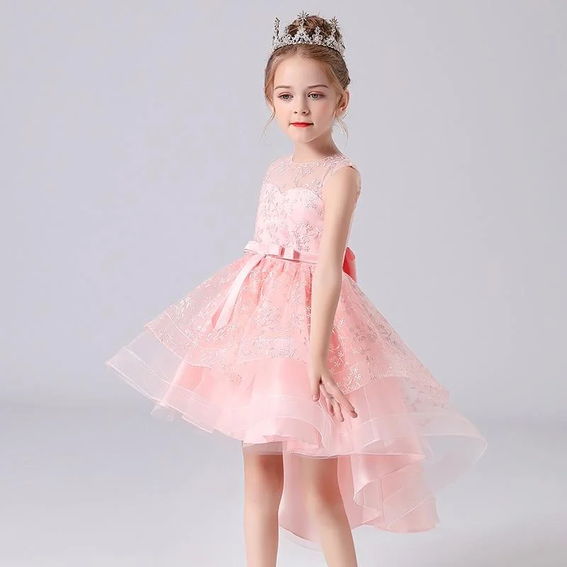 Summer Lace Embroidery Kids Dress For Girls Evening Wedding Party Tail Elegant Princess Sleeveless Children Holiday Dresses