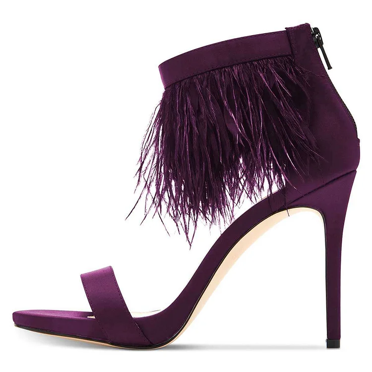 Purple Satin Feather Ankle Strap Heels Vdcoo