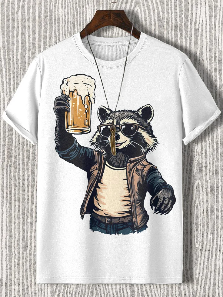 Men's Raccoon Cheers Print Cotton Casual T-Shirt