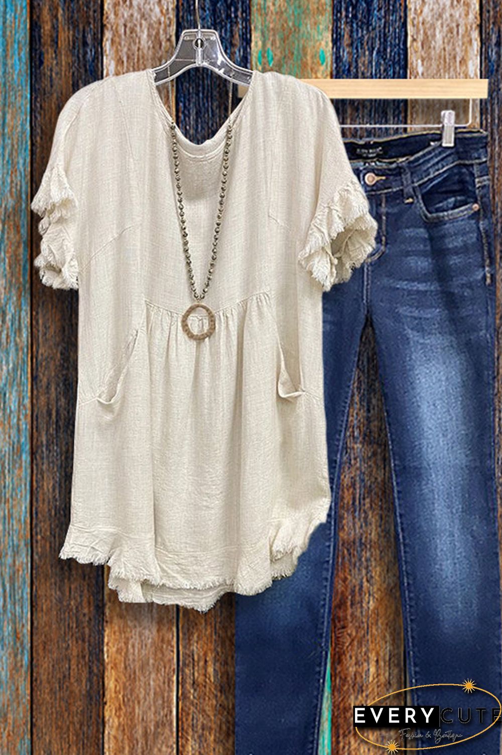 Round Neck Ruffled Pocket T-shirt