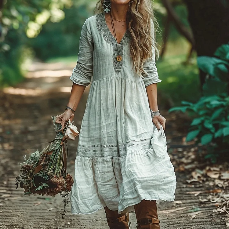 Women's Linen Bohemian Casual Long Sleeves Maxi Dress