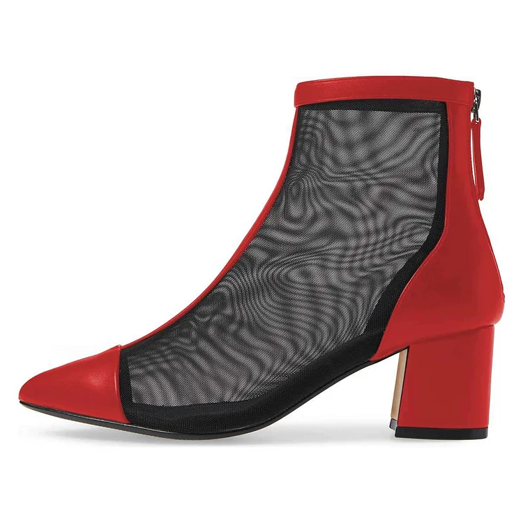 Red Pointy Toe Nets Chunky Heel Summer Boots Ankle Boots |FSJ Shoes