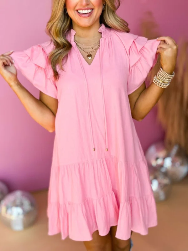 Pink Frill V Neck Ruffle Sleeve Dress