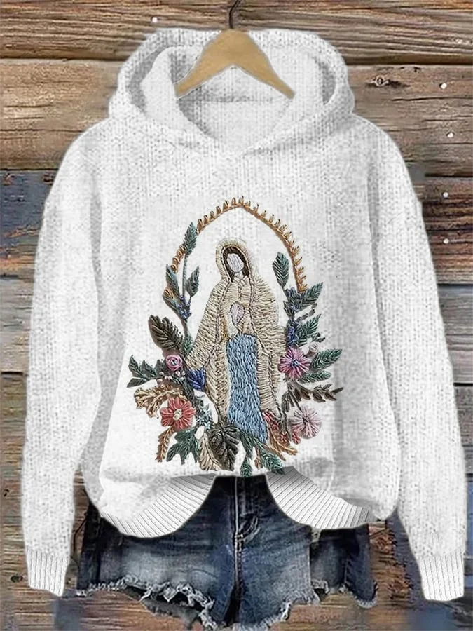 Women's Christian Our Lady Floral  Christian Knit Casual Hoodie Sweater