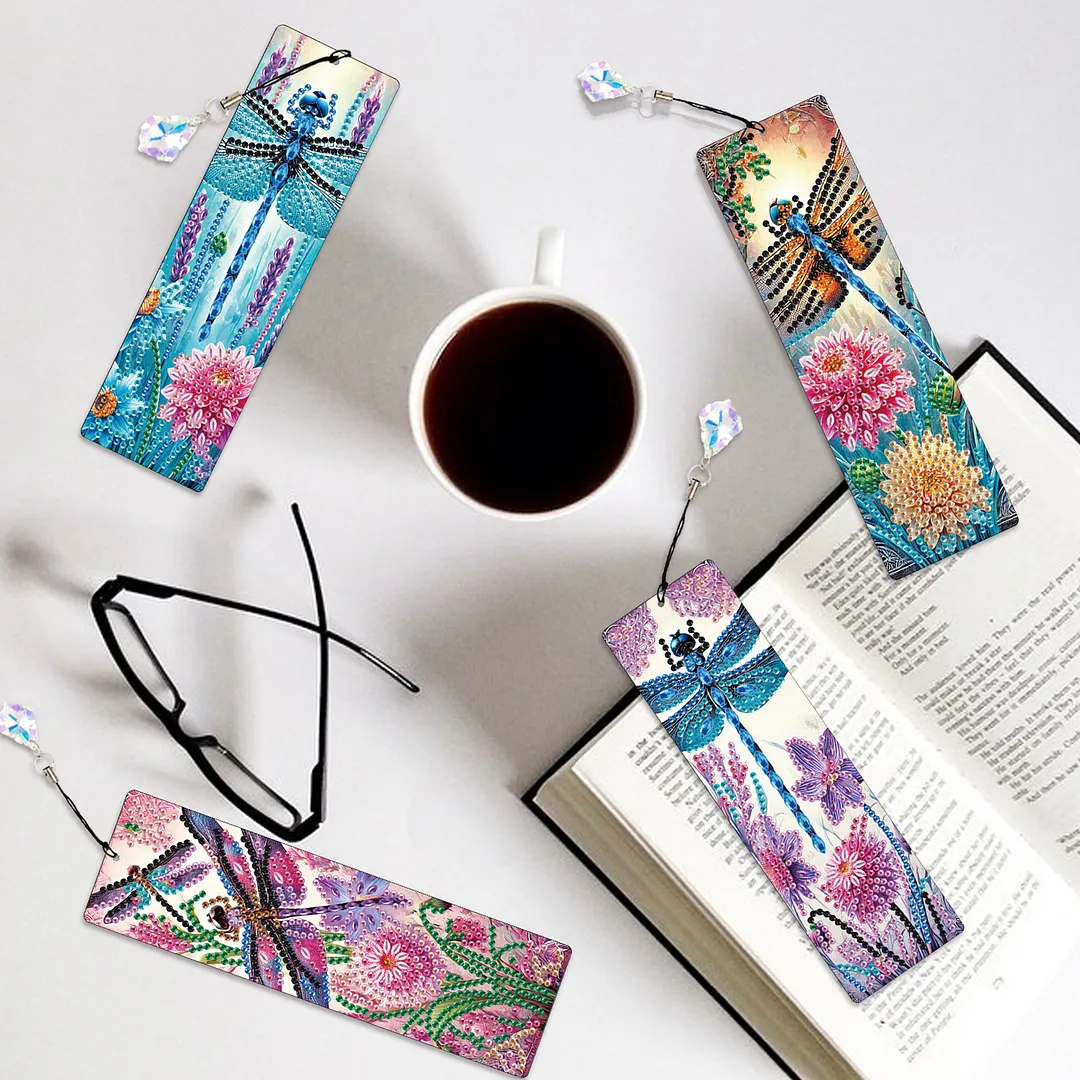 4Pcs Dragonfly Among Flowers DIY Diamond Bookmark Art Projects Irregular Shaped Diamonds Diamond Painting Art Bookmarks with Crystal Pendants for DIY Making Beginners Adult Art Craft Supplies