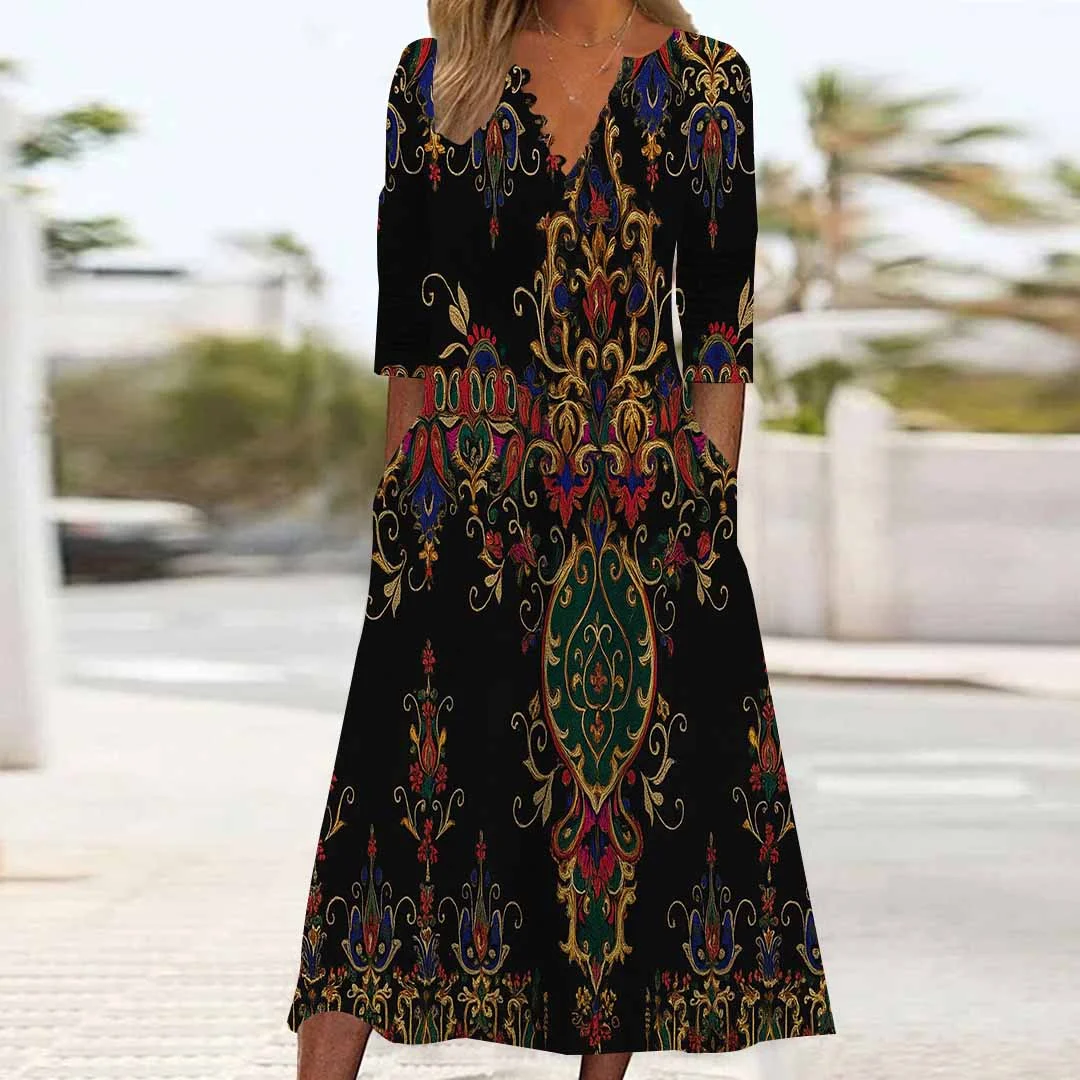 Women Graphic,Black DZHB8289 Long Sleeve V-Neck Graphic Printed Midi Dress