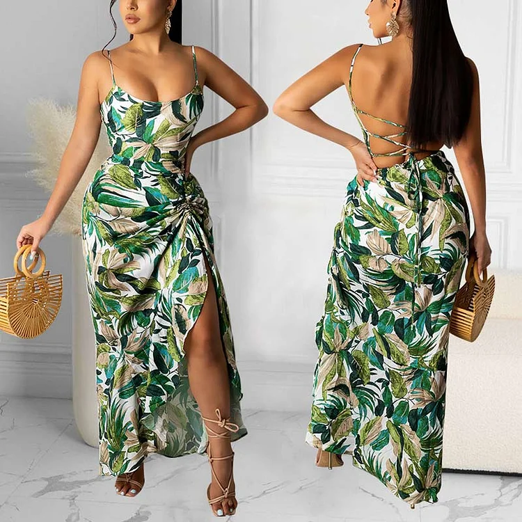 Leaf Pattern Backless Bandage High Slit Irregular Dress - IRBOOM Fashion Clothing