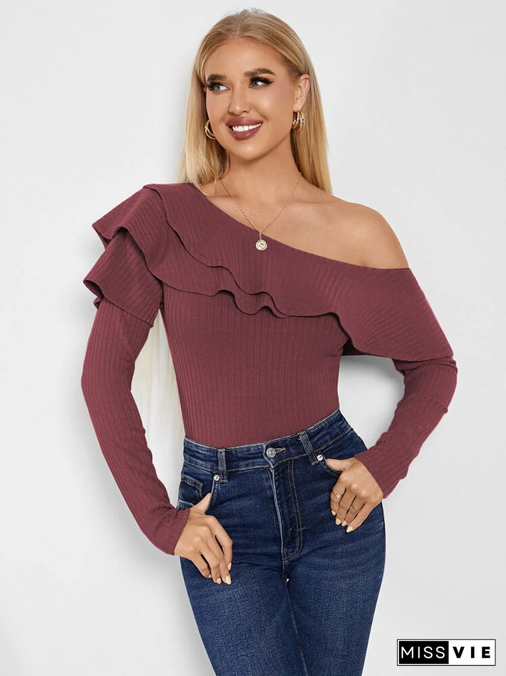 Solid Long Sleeve Off Shoulder Ruffle Knit T-shirt For Women