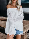 Polka Dot Off-The-Shoulder Flared Sleeves Shirts Tops