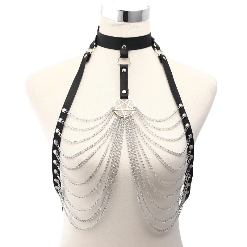 Xpoko Goth Body Harness Chain Faux Leather Chest Chains Top Punk Fashion Festival Rave  Body Jewelry Gothic  Accessories