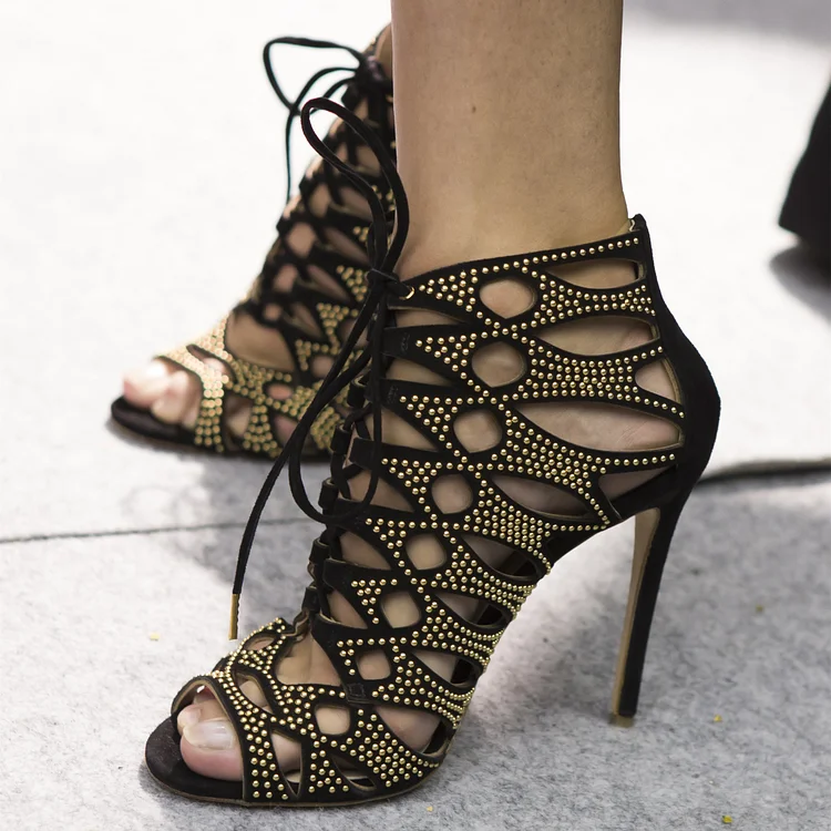 Black Vegan Suede Lace-up Sandals Studs Hollow out Stiletto Heel Sandals |FSJ Shoes