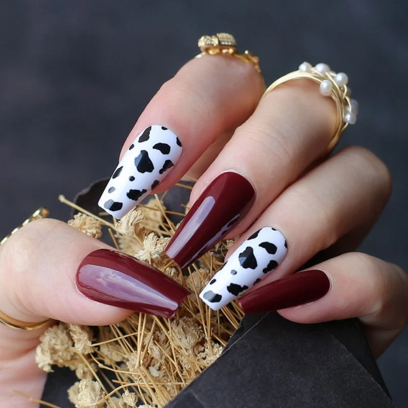 Black white mix and match cow print fake nails Medium coffin false nail UV design gel popular Black spots-Nail Inspo