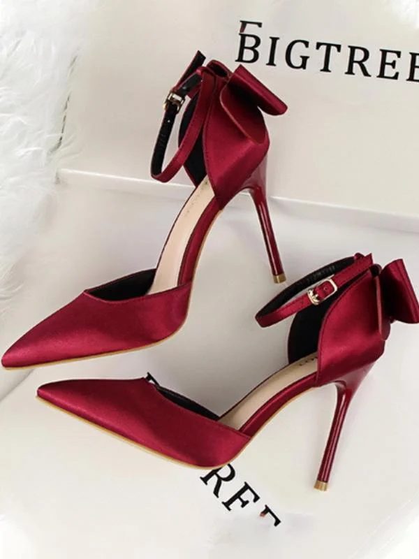 Stiletto high heel shallow pointy satin hollow back bow sandals