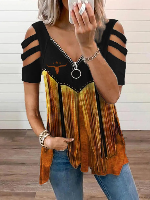 Bull Skull Contrast Tassels Hollow Shoulder T Shirt