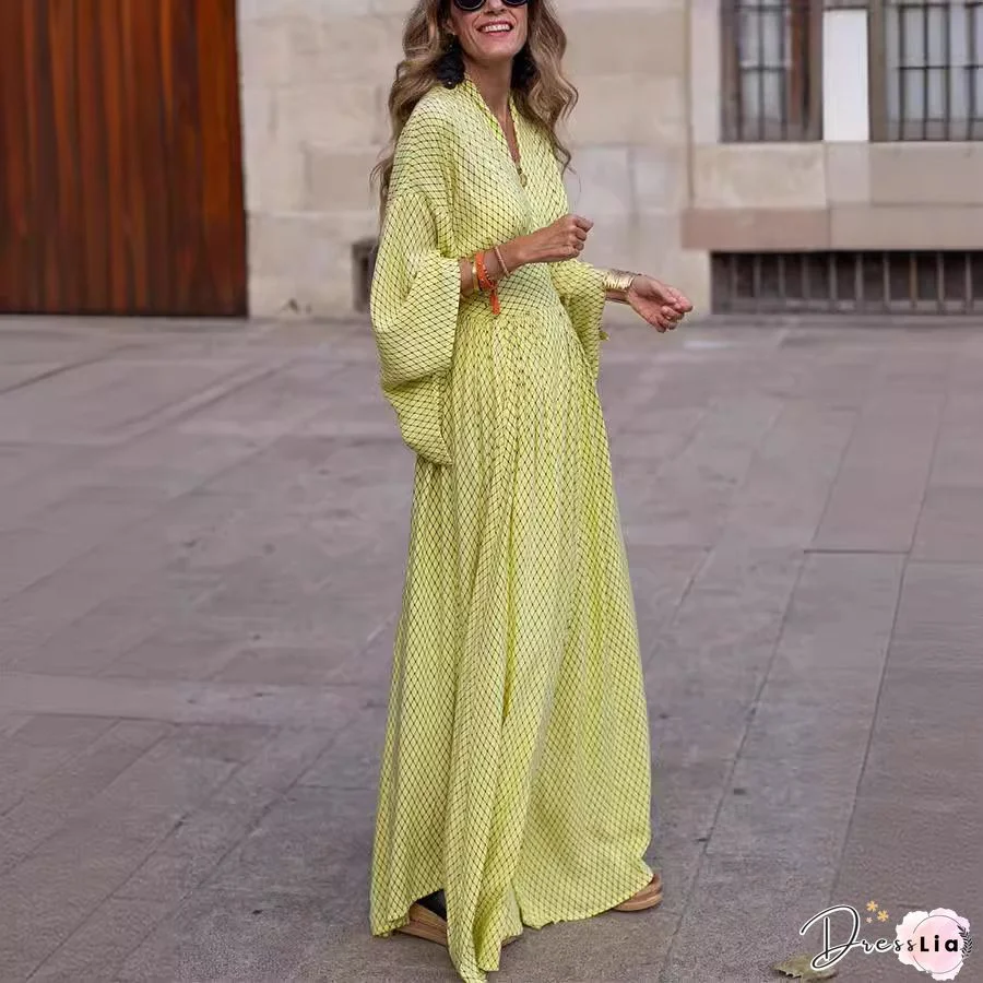 Elastic Waist High Slit V-Neck Dress