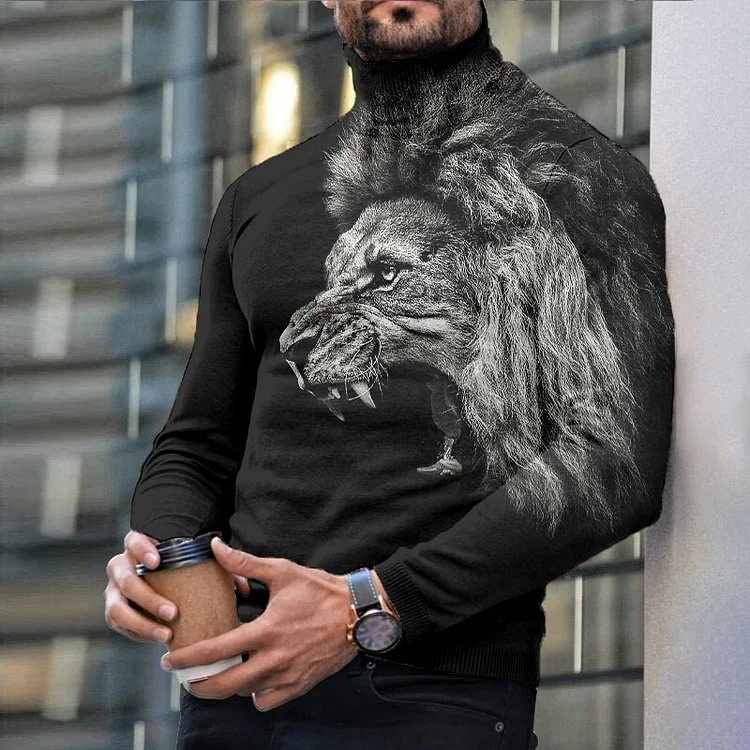 Men's Casual Lion Print Long Sleeve Turtleneck Top