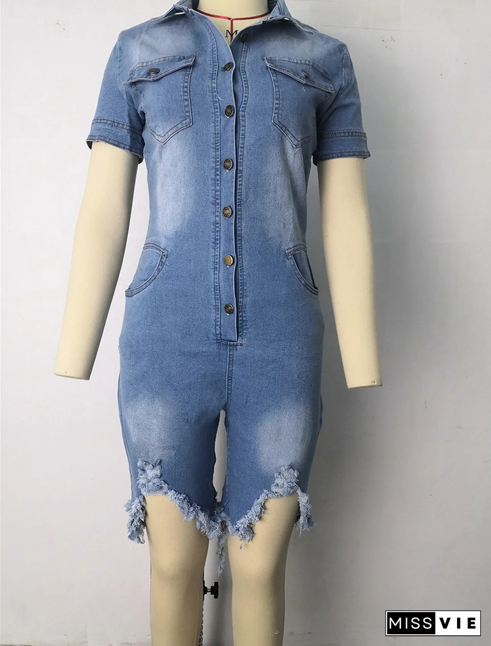 Short Sleeve Ripped Holes Button Denim Rompers