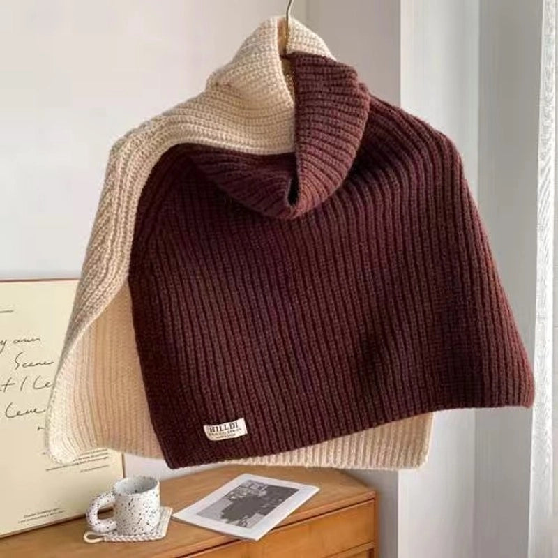Korean Style High-grade Color Matching Turtleneck Collar Women’s Autumn And Winter Versatile Pullover Scarf New Cape Knitted Shawl