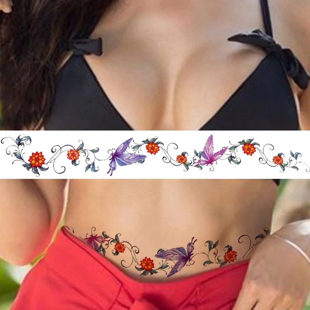 Watercolour Butterfly Temporary Tattoos For Women Girls Fake Flower Tattoo Sticker Thorns Lily Daffodil Waist Sexy Tatoos