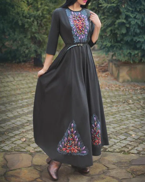 Round neck cotton and linen long dress