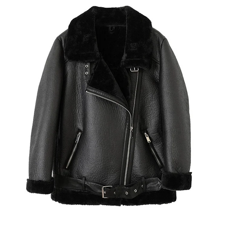 Modern Loose Black Lapel Zip-up Long Sleeve Thick Faux Leather Jacket