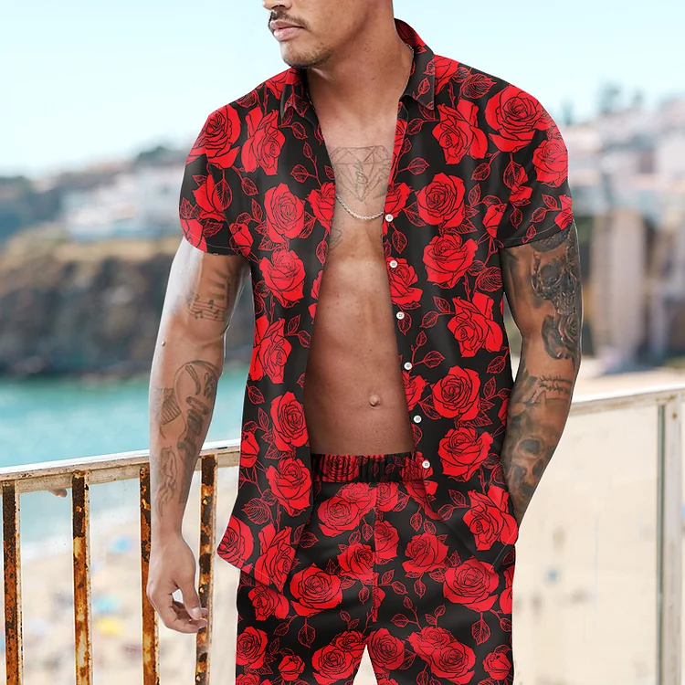 Hawaiian Beach Wear Short Sleeve Rose Printing Two-Piece Suit Set