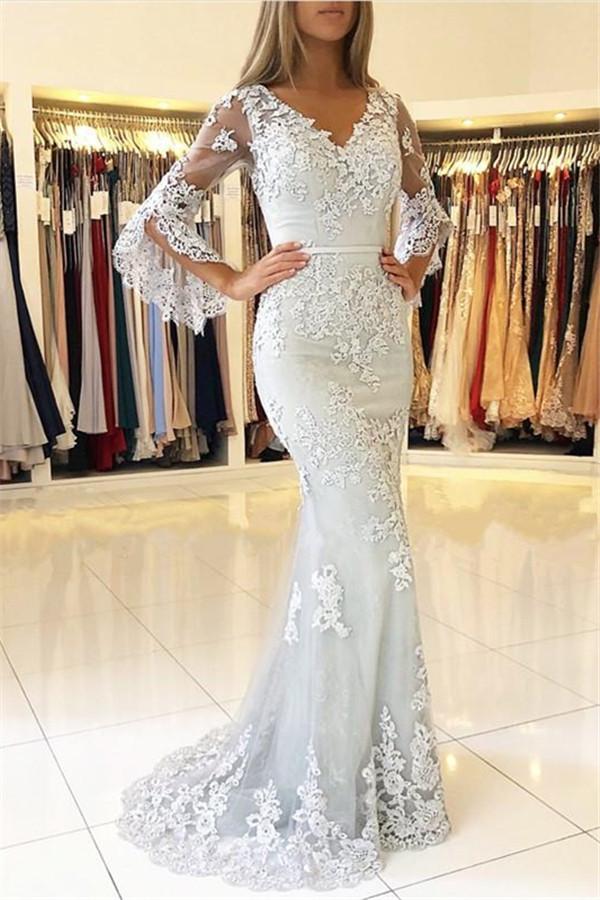 Half Sleeves Appliques Fit and Flare Prom Dresses Long - lulusllly