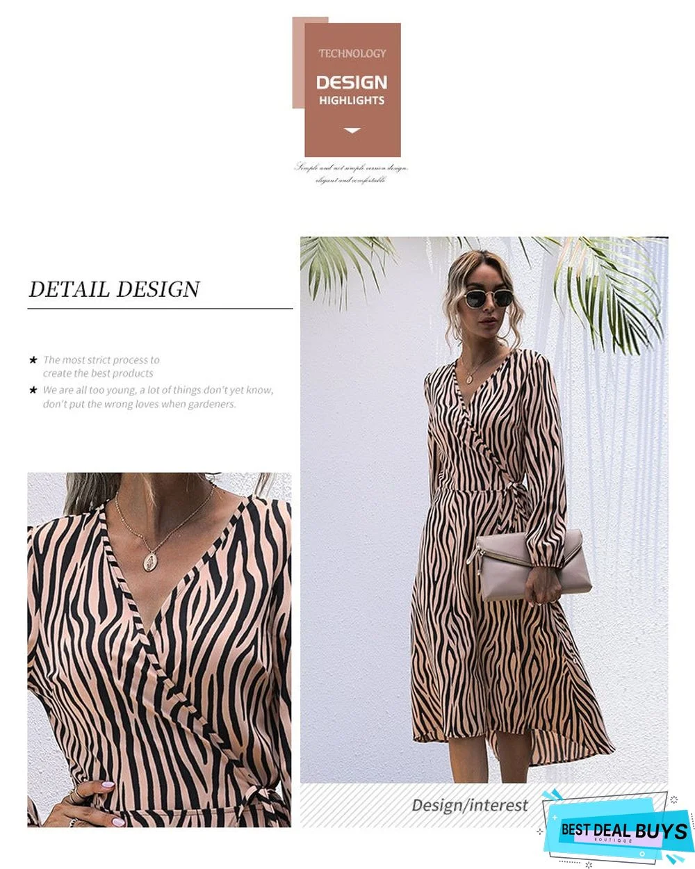 Wrap-Around Long-Sleeved Zebra Print V Collared Lace Dress
