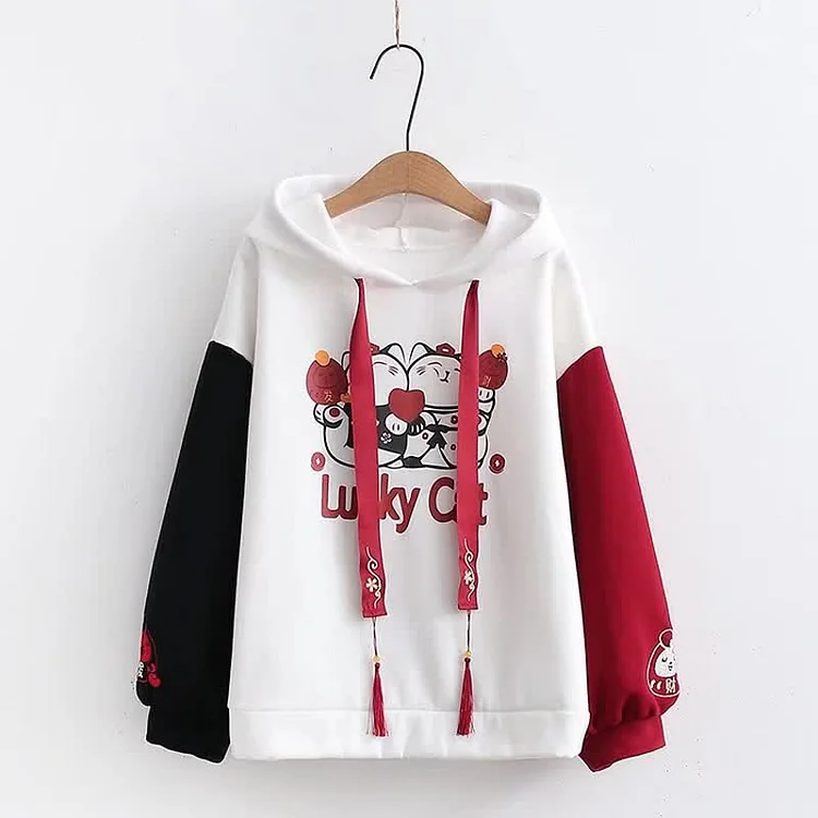 Cartoon Lucky Cat Letter Print Tassel Clolorblock Plush Hoodie - Modakawa modakawa
