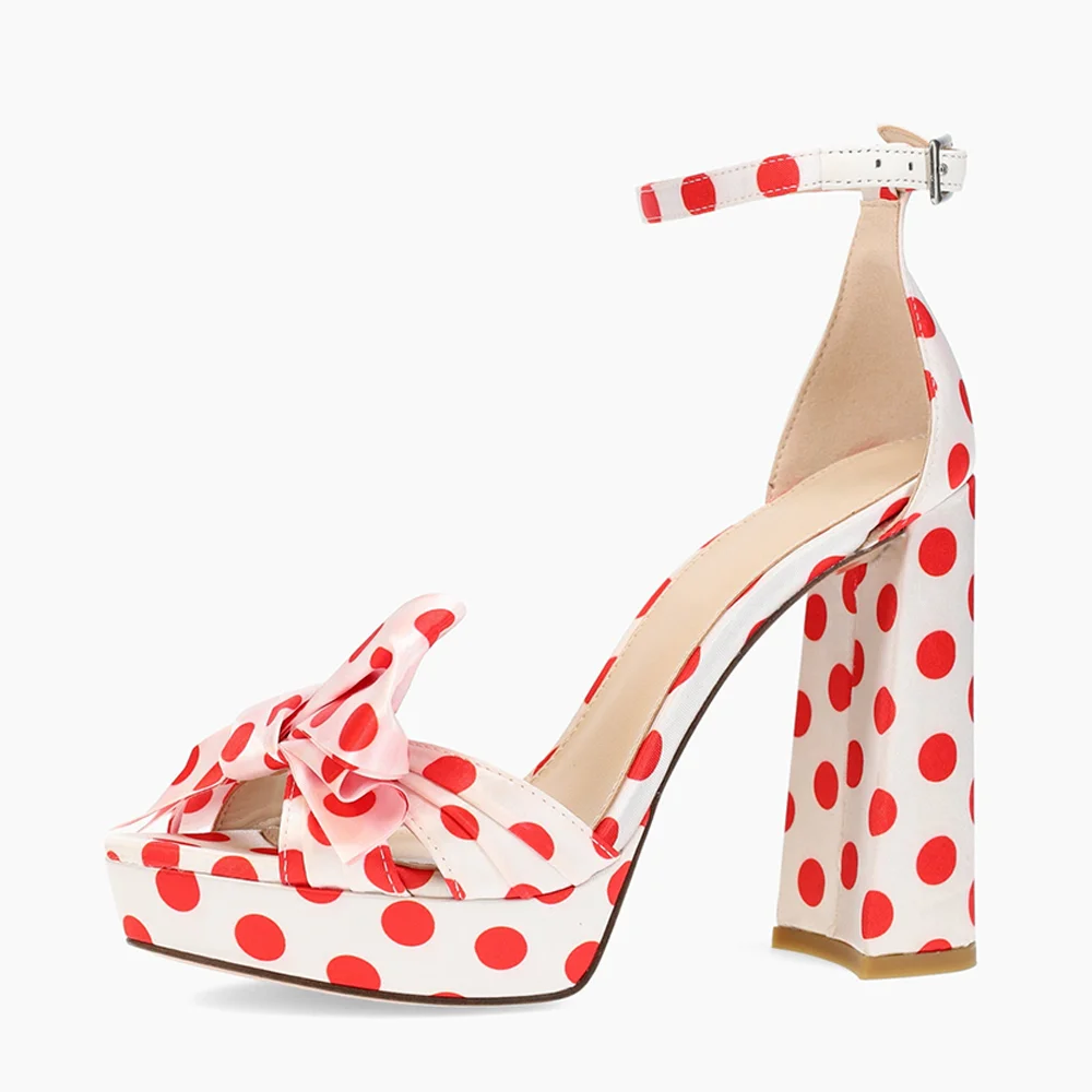 Red & White Polka Dot Opened Toe Bow Ankle Strappy Platform Sandals With Chunky Heels Nicepairs