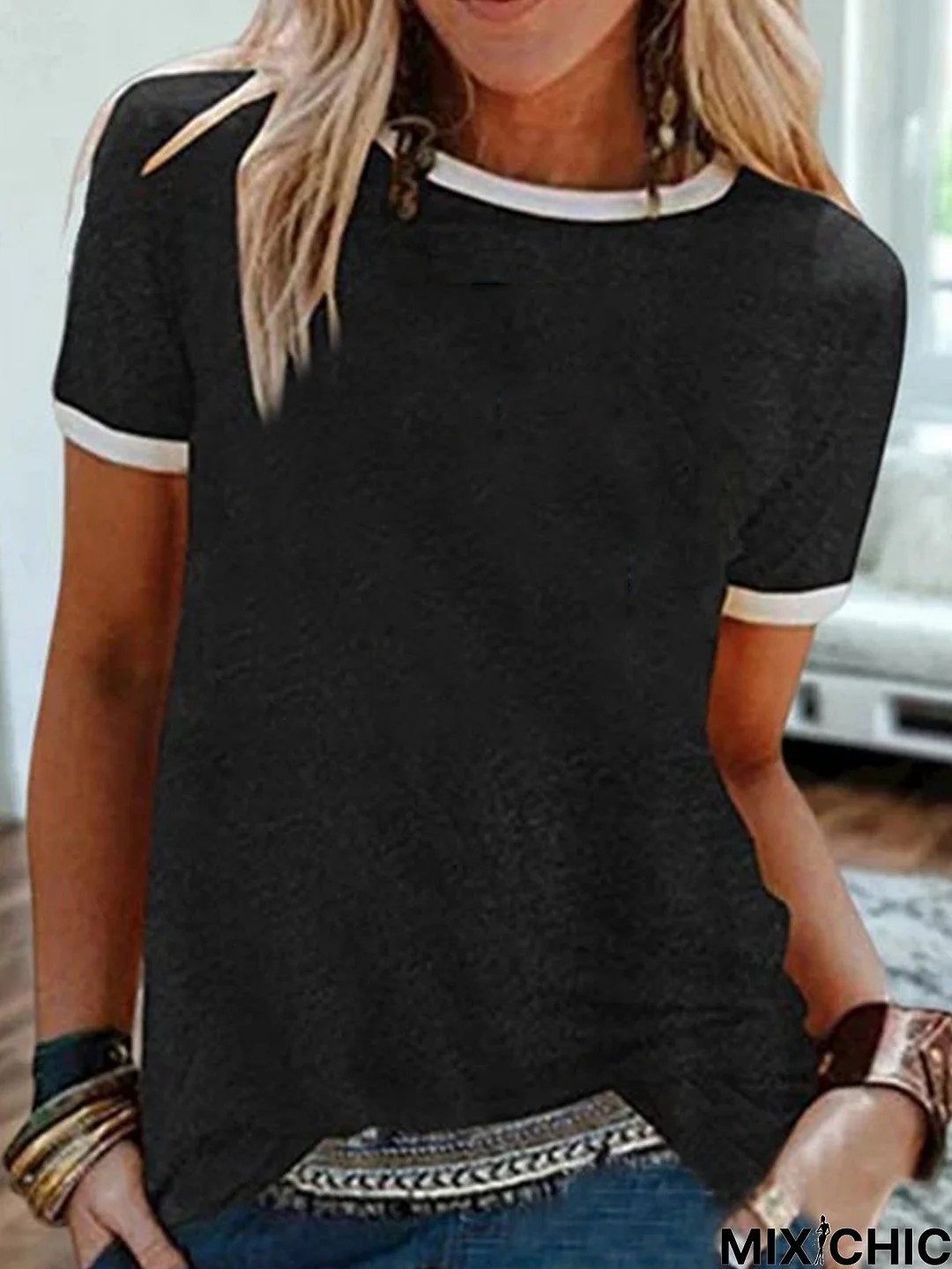 Vintage Short Sleeve Plain Casual Top