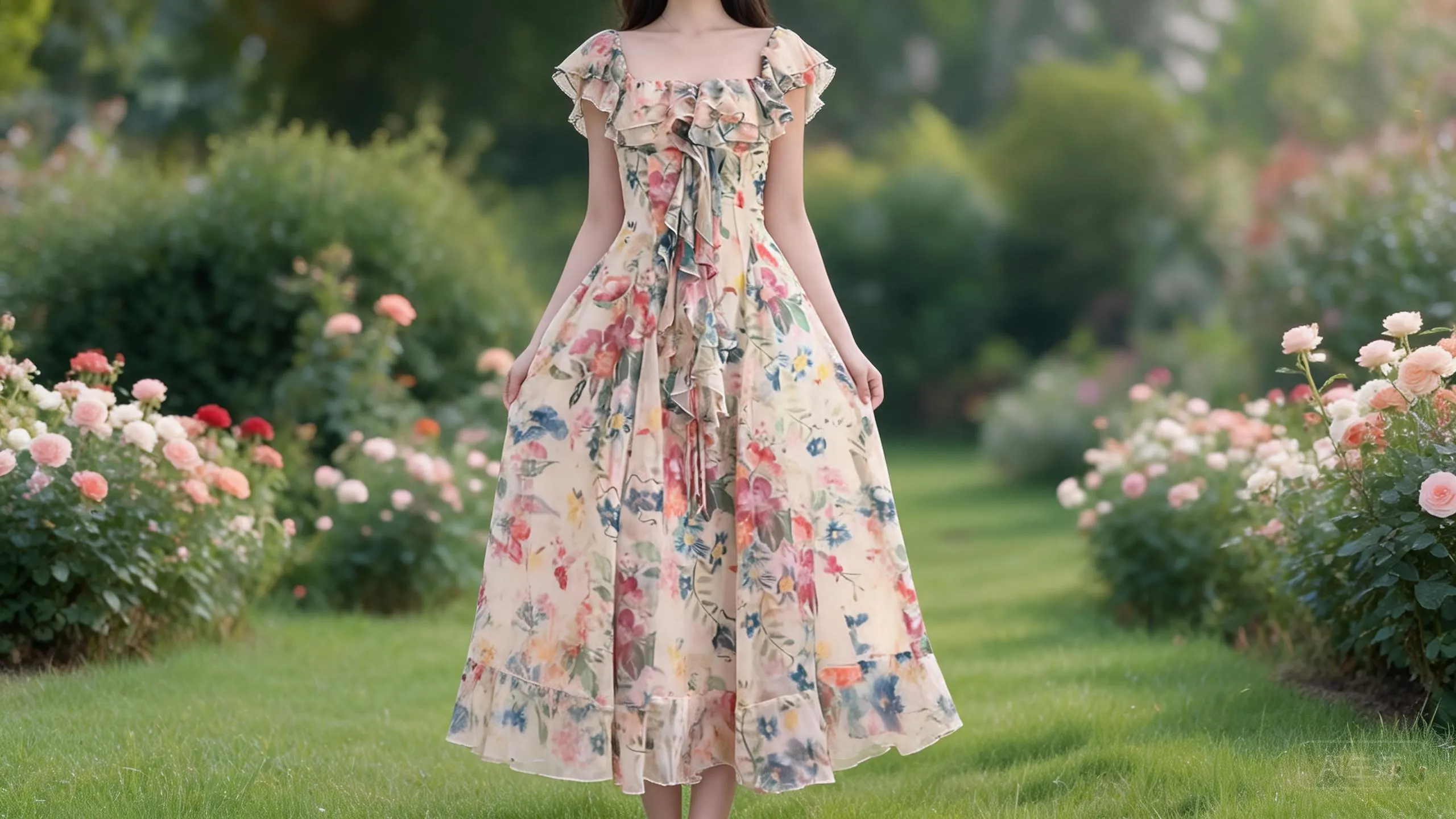 Cream watercolor floral chiffon maxi dress with cascading ruffle and flutter sleeves