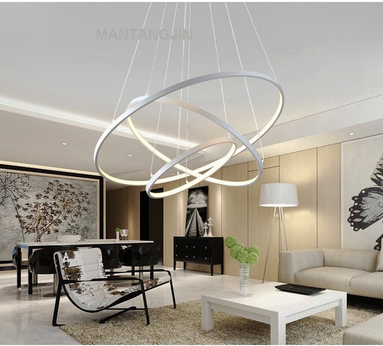 Black/White/Golden Modern Pendant Lights For Living Room Dining Room 4/3/2/1 Circle Rings Acrylic Aluminum Body LED Pendant Lamp