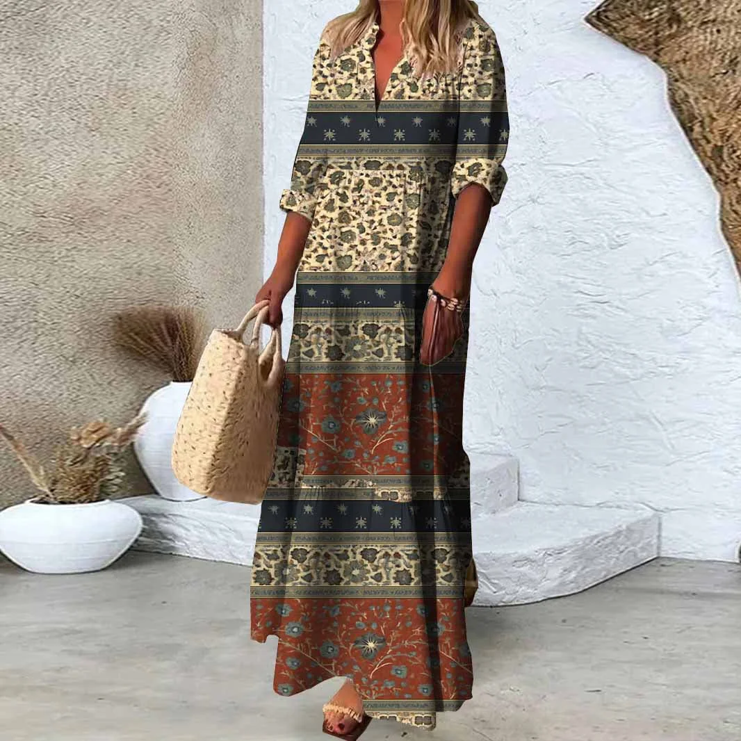 Women Floral, Red, Patchwork DZDN0053 SPU Printed Long Sleeve V-neck Maxi Dress