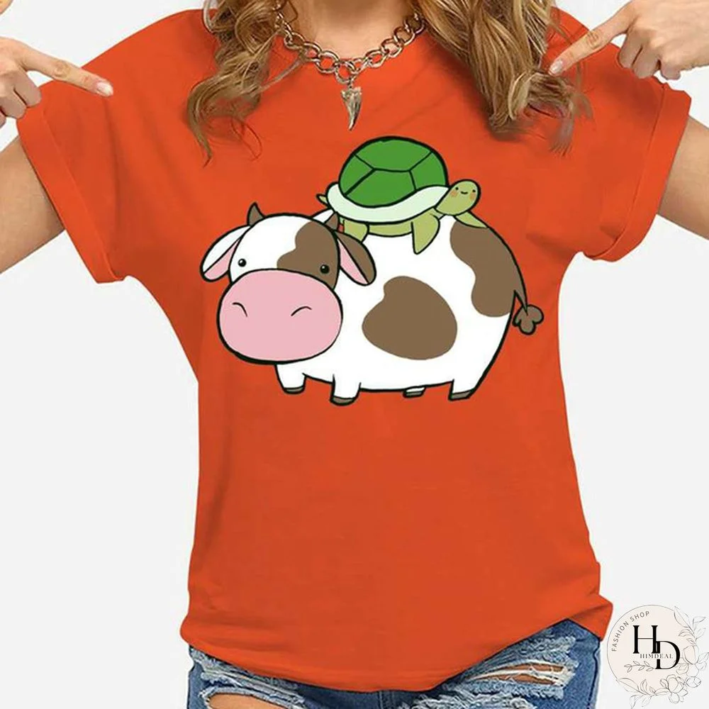 Funny Cow and Turtle Print T-shrits For Women Summer Short Sleeve Round Neck Cute Loose T-shirt Creative Personalized Tops