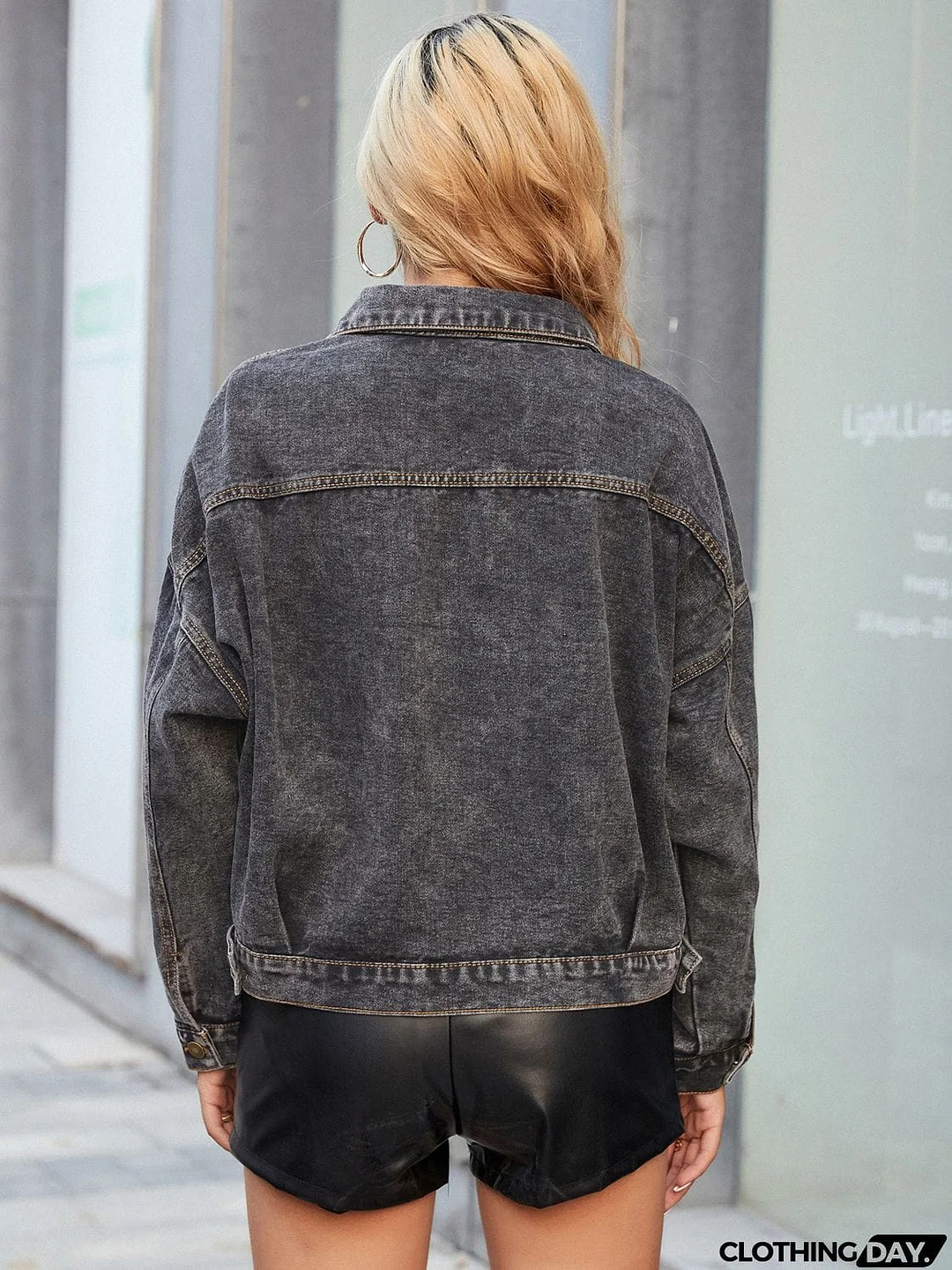 Collared Neck Dropped Shoulder Denim Jacket