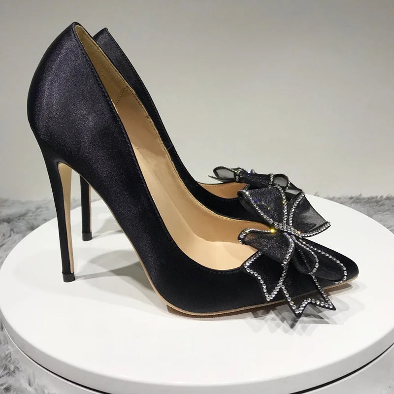 LOURDASPREC Women Black Silk Satin Bow Stiletto Pumps Pointed Toe Slip On High Heels for Elegant Ladies 8cm 10cm 12cm Party Shoes