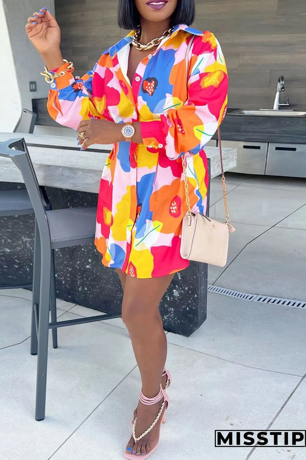 Multicolor Casual Print Patchwork Turndown Collar Long Sleeve Dresses