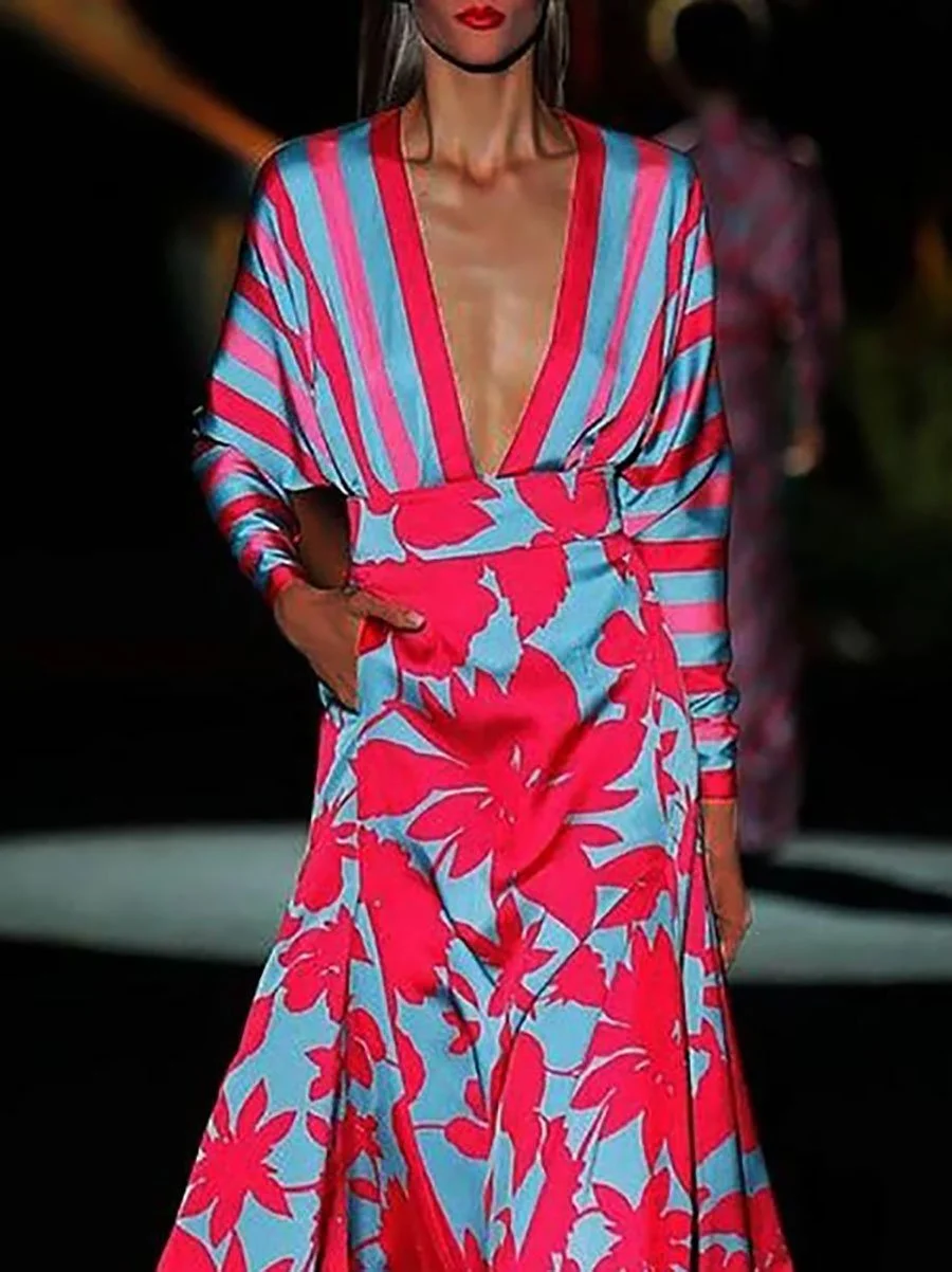 Deep v neckline long sleeve bright print dress