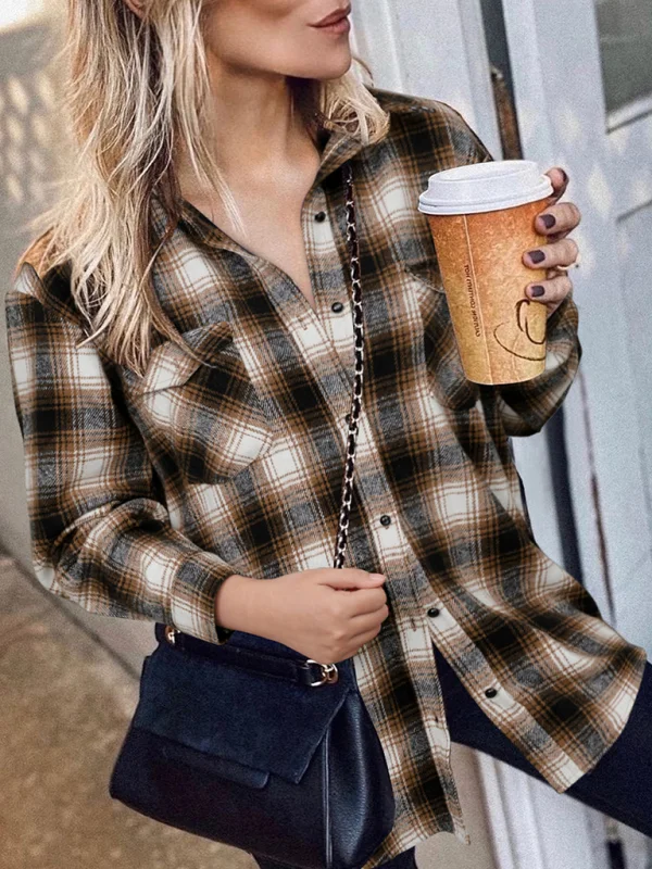 Women’s Plaid Print Long Sleeve Mid Length Point Collar Button Front Closure Shirt Flusfy