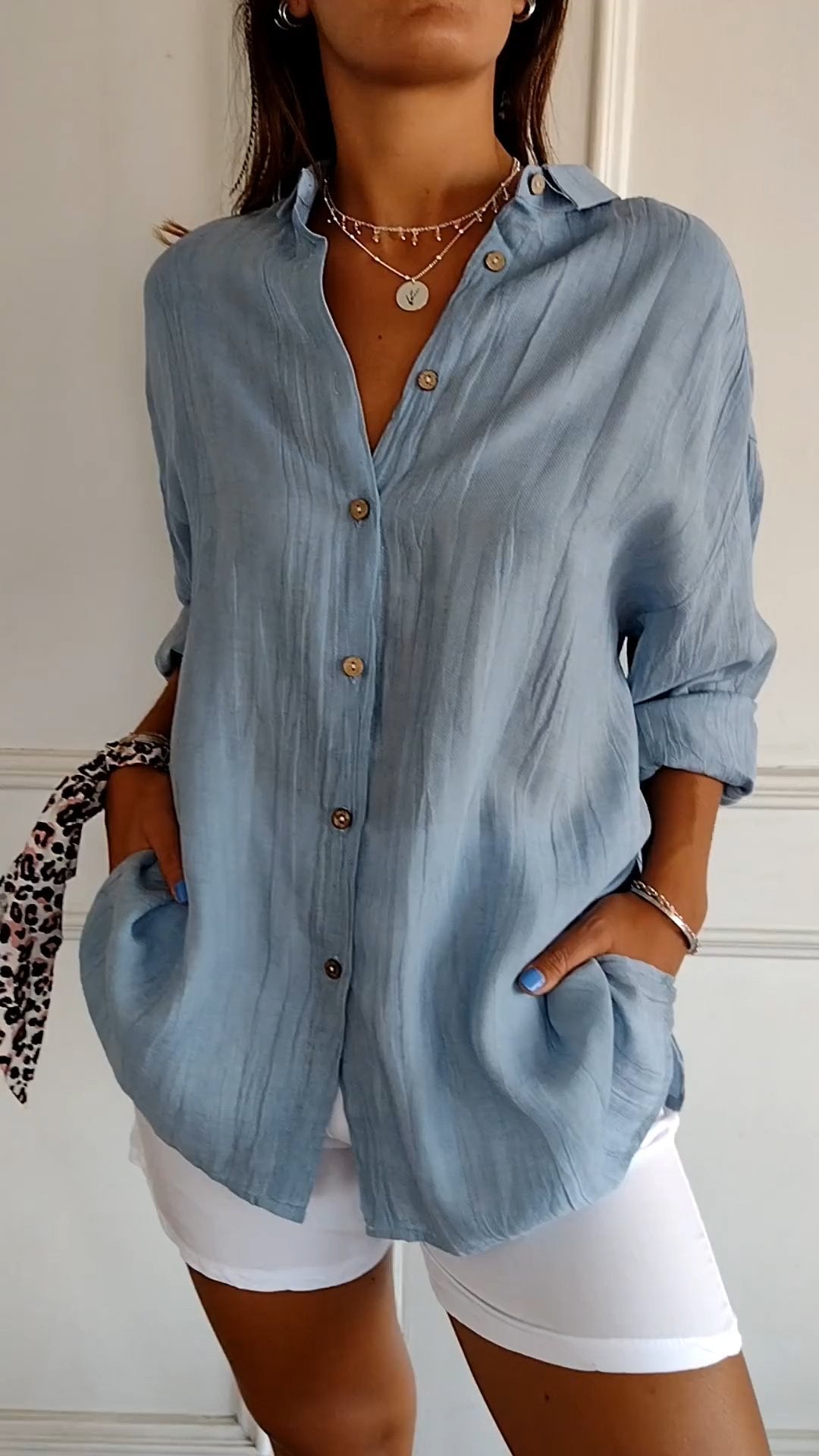 Classic Pleated Textured Single-Breasted Lapel Shirt for Women