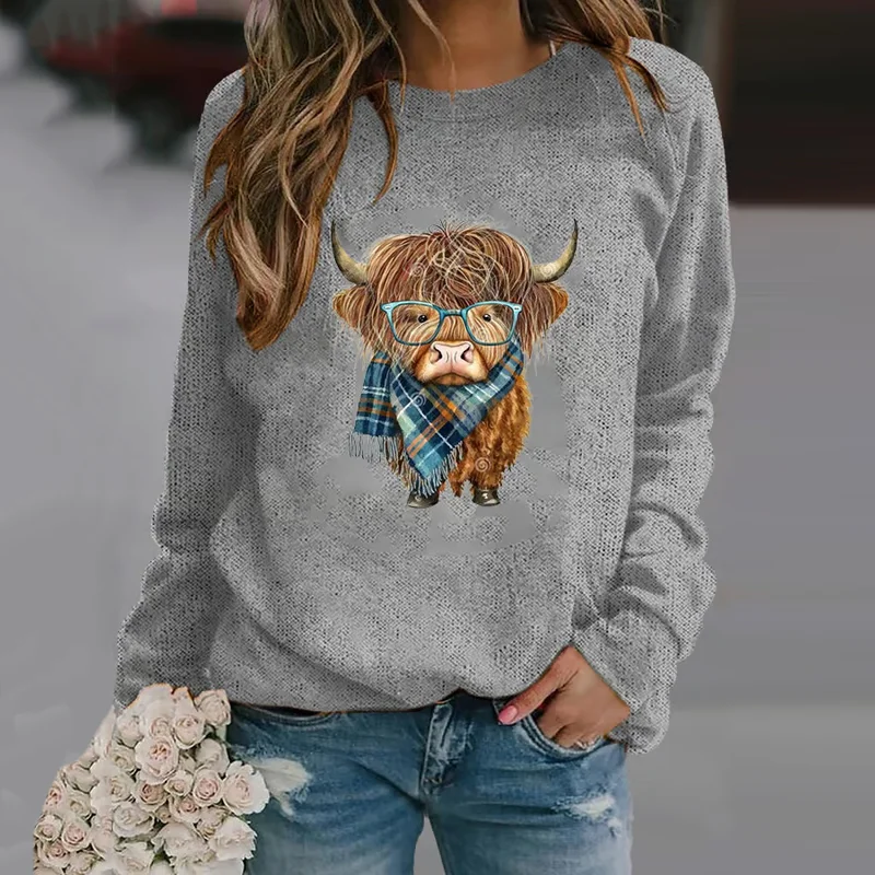 Wearing Glasses Highland Cow Print Crew Neck Sweatshirt