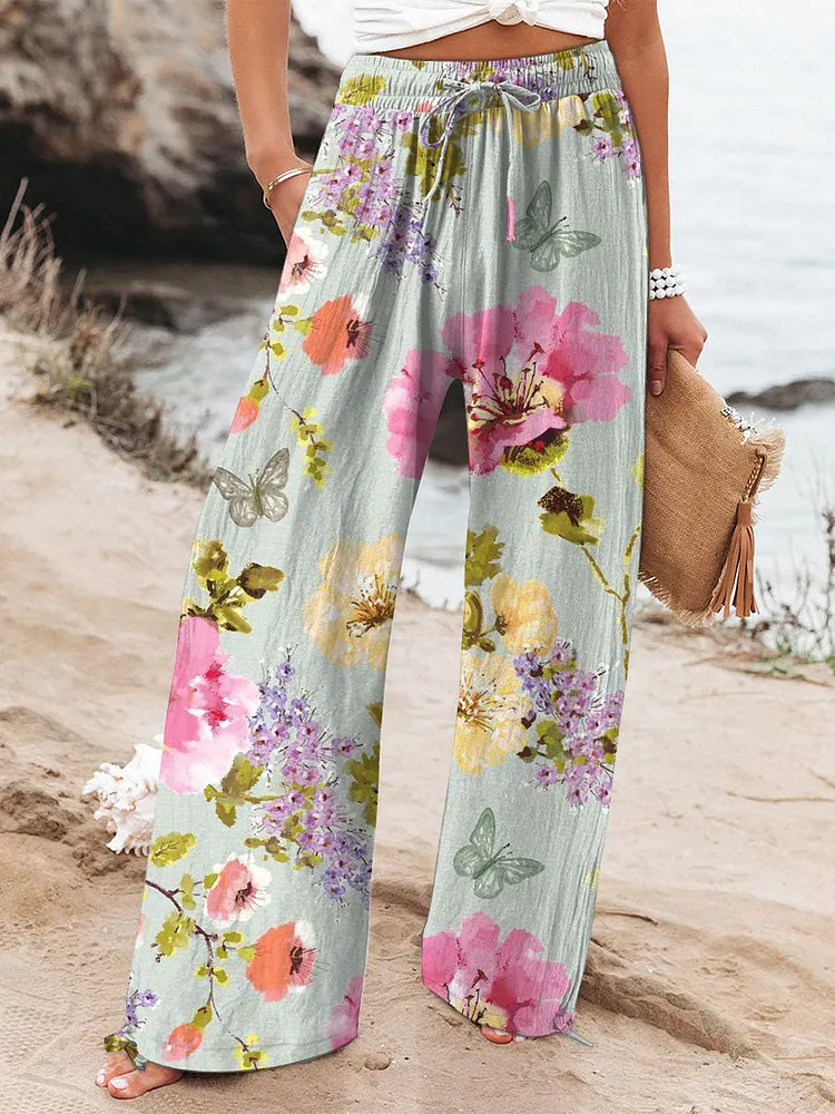 Women's  Vintage Flowers Art  Printed Cotton And Linen Casual Pants