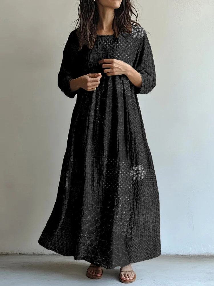 Japanese Traditional Sashiko Art Linen Blend Maxi Dress