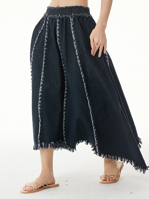 Simple High Waisted Asymmetric Fringed Denim Skirt