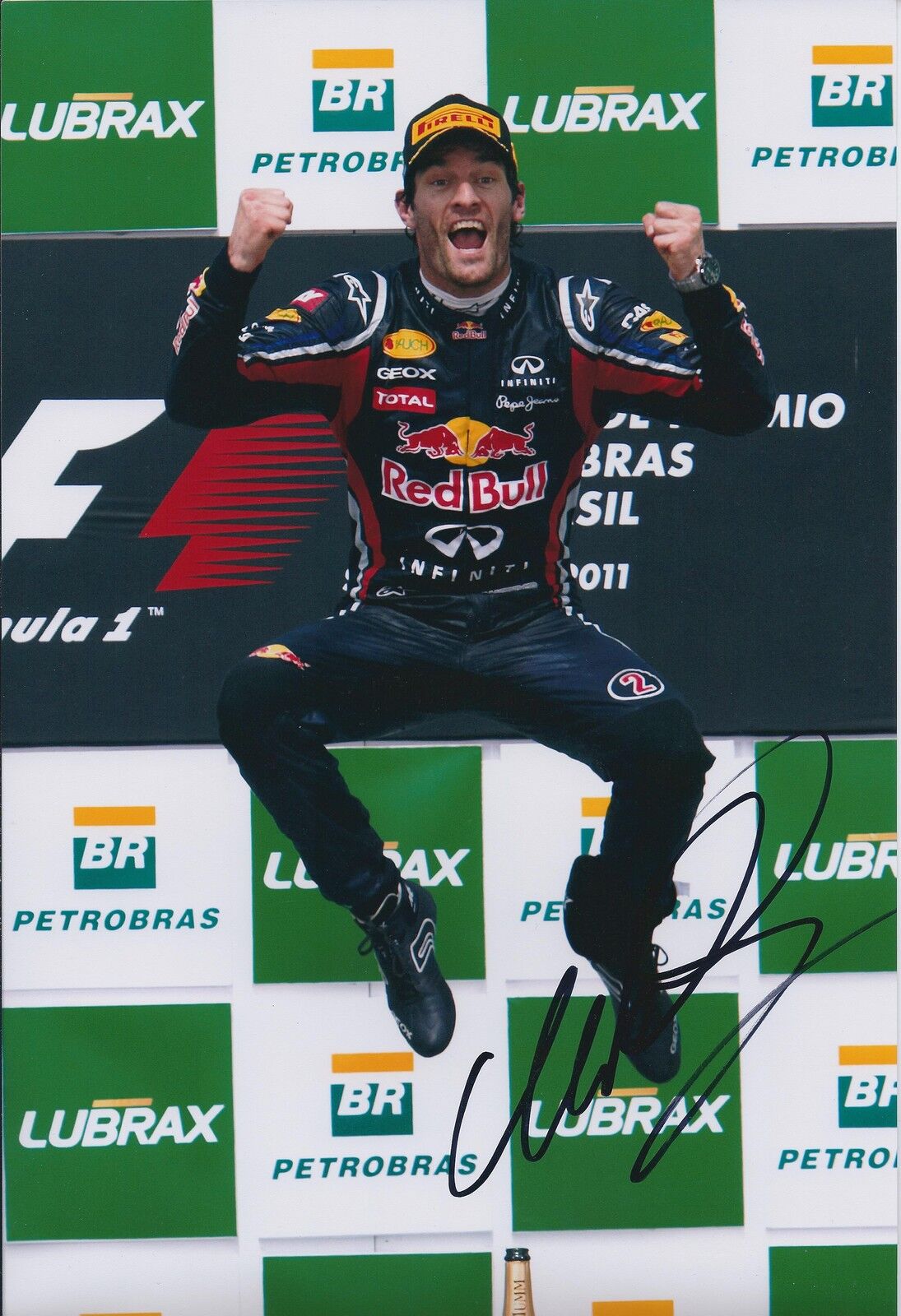 Mark Webber SIGNED Autograph Red Bull Photo Poster painting AFTAL COA Podium Jump Celebration