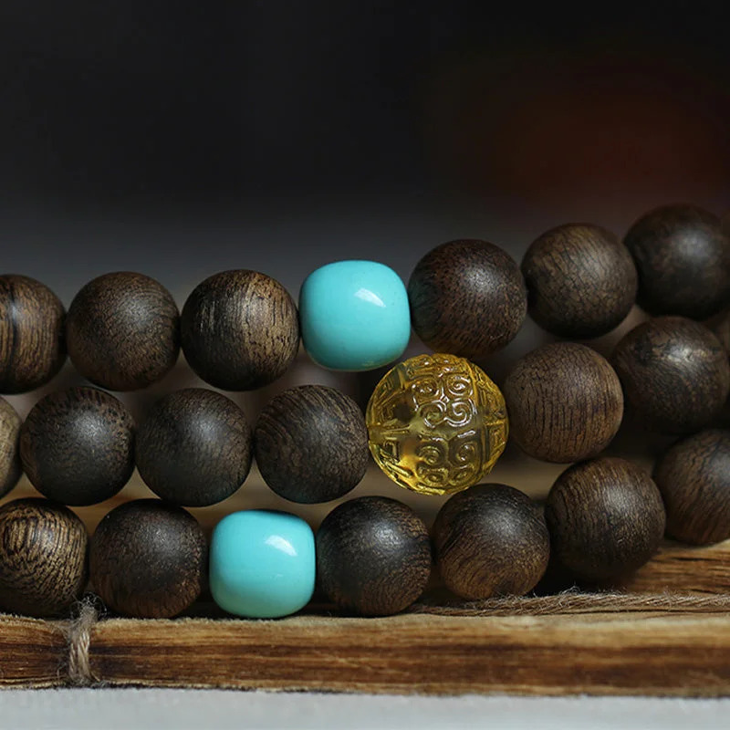 999 Gold 108 Mala Beads Nha Trang Agarwood Amber Turquoise Prayer Meditation Bracelet